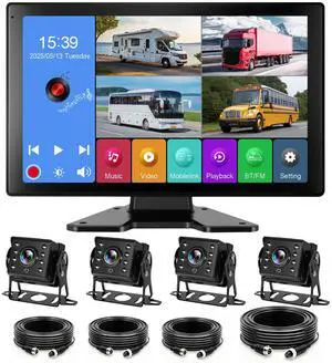 4 Channel RV Backup Camera System with 10.1" Touch Screen Monitor, DVR Recording, 4 x 1080P Waterproof Cameras, Quad Split, Bluetooth, for RV Truck Trailer Bus 4 Channel RV Backup Camera System with 10.1" Touch Screen Monitor, DVR Recording, 4 x 1080P Waterproof Cameras, Quad Split, Bluetooth, for RV Truck Trailer Bus