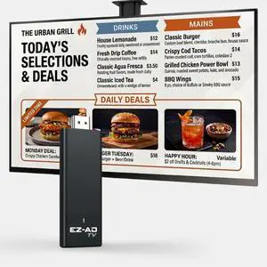 EZ AD TV Digital Signage Stick, Cloud-Controlled Digital Signage Media Player with PowerPoint Upload, Auto Content Updates, Free Plan, AI Image Enhancer, Mobile App, Includes Premium Template Library EZ AD TV Digital Signage Stick, Cloud-Controlled Digital Signage Media Player with PowerPoint Upload, Auto Content Updates, Free Plan, AI Image Enhancer, Mobile App, Includes Premium Template Library