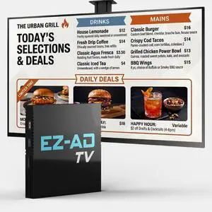 EZ AD TV Digital Signage Player - Signage For Business & Electronic Menu Board- Auto-Post Content On Digital Display Board, Cloud Controlled 4K Media Player + Mobile App W Free AI Designer & Templates EZ AD TV Digital Signage Player - Signage For Business & Electronic Menu Board- Auto-Post Content On Digital Display Board, Cloud Controlled 4K Media Player + Mobile App W Free AI Designer & Templates