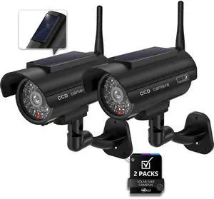 Solar Powered Fake Security Camera, Red Light & Antenna, 2 Pack, Black | Dummy Cameras for Outside, Wireless Simulated Cam, Realistic Look, Solar Panel, Weatherproof, Warning Sticker Included Solar Powered Fake Security Camera, Red Light & Antenna, 2 Pack, Black | Dummy Cameras for Outside, Wireless Simulated Cam, Realistic Look, Solar Panel, Weatherproof, Warning Sticker Included