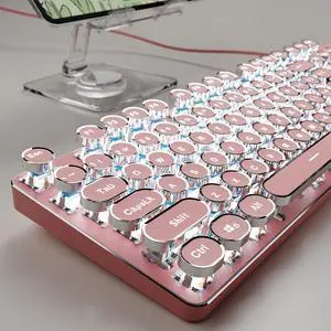 Typewriter Style Mechanical Gaming Keyboard with White Backlit, Wired Retro Punk Computer Keyboard Durable Metal Panel, Clicky Blue Switch, Round Keycaps, Full-Size for PC/Desktop/Win, Pink Typewriter Style Mechanical Gaming Keyboard with White Backlit, Wired Retro Punk Computer Keyboard Durable Metal Panel, Clicky Blue Switch, Round Keycaps, Full-Size for PC/Desktop/Win, Pink