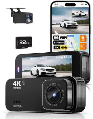 Dash Camera for Cars, 4K Dash Cam Front and Rear with 5G WiFi, 32GB Card Included, Loop Recording, Night Vision, 170°Wide Angle, G-Sensor, 24H Parking Mode Dash Camera for Cars, 4K Dash Cam Front and Rear with 5G WiFi, 32GB Card Included, Loop Recording, Night Vision, 170°Wide Angle, G-Sensor, 24H Parking Mode