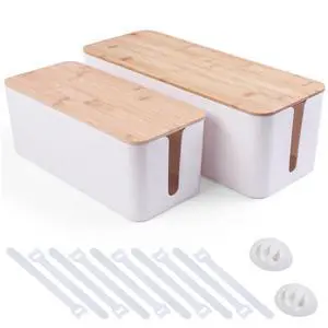 2 Pack Cable Management Box - Cord Organizer Box with Wooden Lid for TV Wires, Power Strips, Router, USB Hub & Under Desk Power: Baby & Pet Proof Cord Management, Cord Hider for Home & Office (White) 2 Pack Cable Management Box - Cord Organizer Box with Wooden Lid for TV Wires, Power Strips, Router, USB Hub & Under Desk Power: Baby & Pet Proof Cord Management, Cord Hider for Home & Office (White)