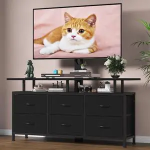Black TV Stand with Mount for 32/45/55/60/65/75 inch TVs, Entertainment Center with 6 Fabric Drawers & Open Shelf, TV Media Console for Living Room, Bedroom Black TV Stand with Mount for 32/45/55/60/65/75 inch TVs, Entertainment Center with 6 Fabric Drawers & Open Shelf, TV Media Console for Living Room, Bedroom