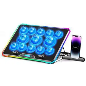 Gaming Laptop Cooler with 13 Ultra Quiet Fans, LCD Screen and Multi Color RGB - 10 Lighting Modes, 9 Adjustable Heights, Dual USB Ports, Built in Phone Holder for 15 to 21 Inch Laptops on Desk or Lap Gaming Laptop Cooler with 13 Ultra Quiet Fans, LCD Screen and Multi Color RGB - 10 Lighting Modes, 9 Adjustable Heights, Dual USB Ports, Built in Phone Holder for 15 to 21 Inch Laptops on Desk or Lap