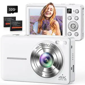 4K Digital Camera Point and Shoot with Selfie Lens and 32G Card, White | Vlogging Camera with Flash, Anti Shake 3" Screen, 16X Zoom Easy for Beginner. 2 Batteries. ldeal Birthday, Party & Travel 4K Digital Camera Point and Shoot with Selfie Lens and 32G Card, White | Vlogging Camera with Flash, Anti Shake 3" Screen, 16X Zoom Easy for Beginner. 2 Batteries. ldeal Birthday, Party & Travel