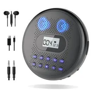 Portable CD Player with Dual Stereo Speakers, Rechargeable for Car | Discman CD Player with Anti-Skip Protection, Headphones and AUX Cable Backlight Buttons for Home, Travel Portable CD Player with Dual Stereo Speakers, Rechargeable for Car | Discman CD Player with Anti-Skip Protection, Headphones and AUX Cable Backlight Buttons for Home, Travel
