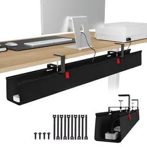 Extra Large No Drill Under Desk Cable Management Tray 48 in, Black | Clamp/Screw Mount, Supports Up to 70lbs, Fabric Wire Management Cable Raceways, Cord Hiders, Cord Management for Office/Home Extra Large No Drill Under Desk Cable Management Tray 48 in, Black | Clamp/Screw Mount, Supports Up to 70lbs, Fabric Wire Management Cable Raceways, Cord Hiders, Cord Management for Office/Home