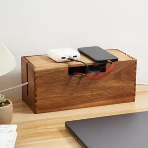 Acacia Wood Cable Management Box, Wooden Cord Hider & Organizer for Power Strip, Electrical Hiding, TV Wires, Desk & Floor Cables - Office Under Desk Cable Storage Box for Wire Acacia Wood Cable Management Box, Wooden Cord Hider & Organizer for Power Strip, Electrical Hiding, TV Wires, Desk & Floor Cables - Office Under Desk Cable Storage Box for Wire
