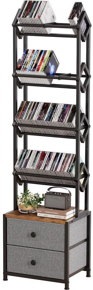 CD Storage Rack, DVD Storage Shelf Tower, Tilted Style | 5-Tier Compact Media Shelf with Fabric Drawers, Fits DVDs, Video Games, Books, For Living Room & Home Office, 58.7 in Tall CD Storage Rack, DVD Storage Shelf Tower, Tilted Style | 5-Tier Compact Media Shelf with Fabric Drawers, Fits DVDs, Video Games, Books, For Living Room & Home Office, 58.7 in Tall