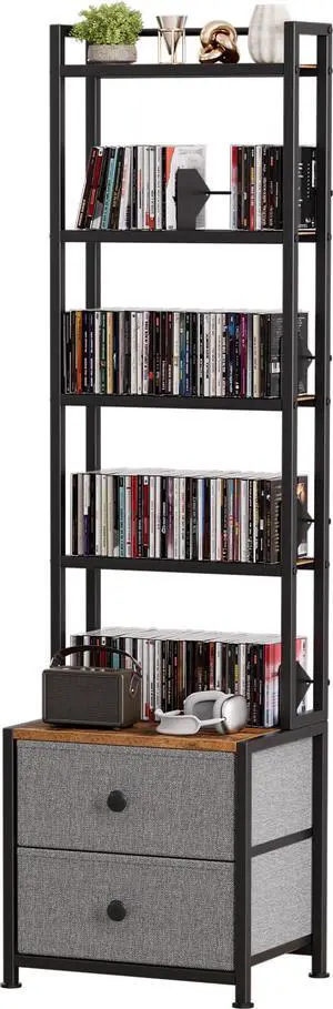CD Storage Rack with Drawer, 5-Tier Media Storage Shelf | 56.5 in Tall Narrow DVD Shelf Tower, Books Video Game Shelfing Unit, Holds 200 CDs for Living Home Office Small Space CD Storage Rack with Drawer, 5-Tier Media Storage Shelf | 56.5 in Tall Narrow DVD Shelf Tower, Books Video Game Shelfing Unit, Holds 200 CDs for Living Home Office Small Space