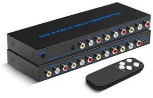 Vszerda RCA Switch Box 4 in 3 Out: 4 Way AV Splitter 3 Output with Remote Control for Audio Video Distribution, RCA Splitter Switcher Composite Video L/R Audio Selector Box for DVD STB Game Consoles Vszerda RCA Switch Box 4 in 3 Out: 4 Way AV Splitter 3 Output with Remote Control for Audio Video Distribution, RCA Splitter Switcher Composite Video L/R Audio Selector Box for DVD STB Game Consoles