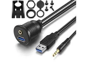 Vszerda USB Flush Mount - 1M 3ft 3.5mm & USB 3.0 AUX Extension, Dash & Panel Mount Cable for Car, Boat, Motorcycle Vszerda USB Flush Mount - 1M 3ft 3.5mm & USB 3.0 AUX Extension, Dash & Panel Mount Cable for Car, Boat, Motorcycle