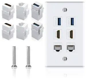 Vszerda Keystone Wall Plate 6Port for Ethernet HDMI USB Outlet, 2x HDMI + 2x Cat6 RJ45 Ethernet + 2x USB 3.0 Type Female to Female Keystone Face Plate for Cable Wall Plate Cover, White Vszerda Keystone Wall Plate 6Port for Ethernet HDMI USB Outlet, 2x HDMI + 2x Cat6 RJ45 Ethernet + 2x USB 3.0 Type Female to Female Keystone Face Plate for Cable Wall Plate Cover, White