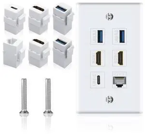 Vszerda Outlet Wall Plate for HDMI Ethernet & USB 3.0 & Type C, 6Port 2x HDMI HDTV + 2x USB 3.0 +1x Cat6 RJ45 Ethernet + 1x Type C Keystone Connector for Cable Wall Plate Cover, White Vszerda Outlet Wall Plate for HDMI Ethernet & USB 3.0 & Type C, 6Port 2x HDMI HDTV + 2x USB 3.0 +1x Cat6 RJ45 Ethernet + 1x Type C Keystone Connector for Cable Wall Plate Cover, White