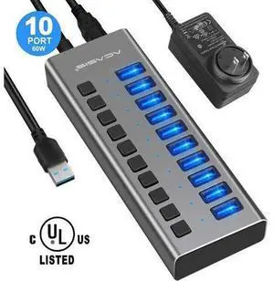 Powered USB Hub - 10 Ports 48W USB 3.0 Data Hub - with Individual On/Off Switches and 12V/4A Power Adapter USB Hub 3.0 Splitter for Laptop, PC, Computer, Mobile HDD, Flash Drive and More Powered USB Hub - 10 Ports 48W USB 3.0 Data Hub - with Individual On/Off Switches and 12V/4A Power Adapter USB Hub 3.0 Splitter for Laptop, PC, Computer, Mobile HDD, Flash Drive and More