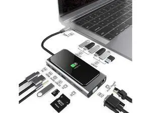 15-in-1 USB C Hub Adapter for MacBook Pro - W/Wireless Charging, 4K HDMI,1080P VGA,PD Port, Ethernet Port,SD Card Reader, 3 USB 3.0, 4 USB 2.0, 3.5mm Audio Port for Pixelbook XPS, More Type C Latops 15-in-1 USB C Hub Adapter for MacBook Pro - W/Wireless Charging, 4K HDMI,1080P VGA,PD Port, Ethernet Port,SD Card Reader, 3 USB 3.0, 4 USB 2.0, 3.5mm Audio Port for Pixelbook XPS, More Type C Latops