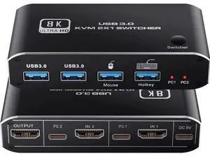 8K @60Hz HDMI2.1 KVM Switch 2 in 1 Out, 2 Port HDMI 2.1 USB KVM Switch for 2PC Shares 1 Set Mouse, Keyboard and Monitor, Support 8K @60Hz, 4K @120Hz, Hotkey, 4x USB 3.0 Port, HDMI2.1 in/Out Port 8K @60Hz HDMI2.1 KVM Switch 2 in 1 Out, 2 Port HDMI 2.1 USB KVM Switch for 2PC Shares 1 Set Mouse, Keyboard and Monitor, Support 8K @60Hz, 4K @120Hz, Hotkey, 4x USB 3.0 Port, HDMI2.1 in/Out Port