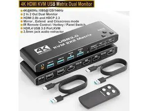 Dual Monitor HDMI KVM Switch 2 Monitors 2 Computers, HDMI Matrix 4 in 2 Out 4K 60Hz, HDMI KVM Matrix Switch, 4 Port HDMI Switcher Splitter Support USB 3.0,HDCP2.3, Hotkey, Extended with Remote Control Dual Monitor HDMI KVM Switch 2 Monitors 2 Computers, HDMI Matrix 4 in 2 Out 4K 60Hz, HDMI KVM Matrix Switch, 4 Port HDMI Switcher Splitter Support USB 3.0,HDCP2.3, Hotkey, Extended with Remote Control