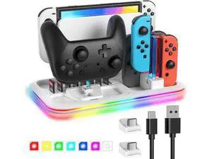 RGB Switch Controller Charger Dock Station for Nintendo Switch & OLED Model Joycon, Charging Docking Station Stand for 4 Joy Cons and Switch Pro Controller with LED Charging Indicator & 8 Game Slots RGB Switch Controller Charger Dock Station for Nintendo Switch & OLED Model Joycon, Charging Docking Station Stand for 4 Joy Cons and Switch Pro Controller with LED Charging Indicator & 8 Game Slots