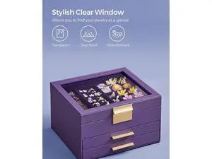 Jewelry Box with Glass Lid, 3-Layer Jewelry Organizer, 2 Drawers, Jewelry Storage, Lots of Storage Space, Modern, Gift Idea, 8 x 9.1 x 5.3 Inches, Cloud White and Gold Color UJBC239WT Purple Jewelry Box with Glass Lid, 3-Layer Jewelry Organizer, 2 Drawers, Jewelry Storage, Lots of Storage Space, Modern, Gift Idea, 8 x 9.1 x 5.3 Inches, Cloud White and Gold Color UJBC239WT Purple
