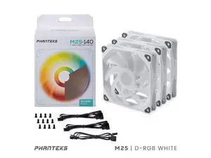 Phanteks M25-140 D-RGB fan, High-Airflow radiator performance, PWM control up to 1800RPM, ARGB/DRGB lighting, Daisy-Chain cable, White ,3 Pack Phanteks M25-140 D-RGB fan, High-Airflow radiator performance, PWM control up to 1800RPM, ARGB/DRGB lighting, Daisy-Chain cable, White ,3 Pack