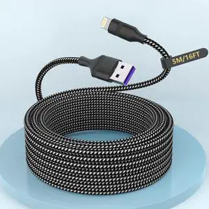 16FT Extra Long USB A to Lightning Charger Cable for , MFi Certified Charger Cord, 5M Fast Charging Nylon Braided Charge Cord for 14 Pro Max/14/13Pro/12/11/X/XS/XR/8/7/6/-Black 16FT Extra Long USB A to Lightning Charger Cable for , MFi Certified Charger Cord, 5M Fast Charging Nylon Braided Charge Cord for 14 Pro Max/14/13Pro/12/11/X/XS/XR/8/7/6/-Black