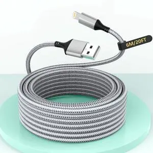 20FT Extra Long USB A to Lightning Charger Cable for , MFi Certified Charger Cord, 6M Fast Charging Nylon Braided Charge Cord for 14 Pro Max/14/13Pro/12/11/X/XS/XR/8/7/6/-Gray 20FT Extra Long USB A to Lightning Charger Cable for , MFi Certified Charger Cord, 6M Fast Charging Nylon Braided Charge Cord for 14 Pro Max/14/13Pro/12/11/X/XS/XR/8/7/6/-Gray