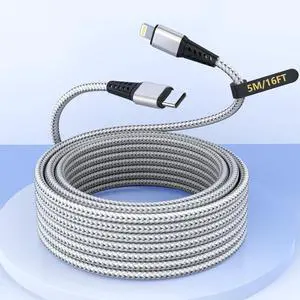 16FT Extra Long USB C to Lightning Charger Cable for , MFi Certified Charger Cord, Nylon Braided Sync Data Charge Cord for 14 Pro Max/14/13Pro/12/11/X/XS/XR/-Silver 16FT Extra Long USB C to Lightning Charger Cable for , MFi Certified Charger Cord, Nylon Braided Sync Data Charge Cord for 14 Pro Max/14/13Pro/12/11/X/XS/XR/-Silver