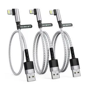 3Pack Right Angle Short Lightning Charge Cable, 90 Degree Lightning Cable 15cm+30cm+30cm, Nylon Braided Sync Data Charger Cord for 14/13/12/11 Pro Max 8 7 Plus-Grey 3Pack Right Angle Short Lightning Charge Cable, 90 Degree Lightning Cable 15cm+30cm+30cm, Nylon Braided Sync Data Charger Cord for 14/13/12/11 Pro Max 8 7 Plus-Grey