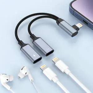 Right Angle 2-in-1 to Dual Lightning Jack Audio Headphone and Charger Cable Adapter, MFi CertifiedCalling+Music+Charge 90 Degree Earphones Converter Splitter for 14 13 12 11 Right Angle 2-in-1 to Dual Lightning Jack Audio Headphone and Charger Cable Adapter, MFi CertifiedCalling+Music+Charge 90 Degree Earphones Converter Splitter for 14 13 12 11