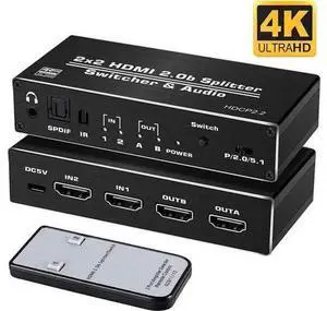 2 in 2 Out HDMI 2.0b Switch Splitter with Audio Extractor, 4K@60Hz HDR HDMI Converter with HDMI / 3.5mm AUX / Toslink SPDIF Audio Output, HDCP 2.2 & RGB 4:2:2 Supported for 4K TV Home Theater 2 in 2 Out HDMI 2.0b Switch Splitter with Audio Extractor, 4K@60Hz HDR HDMI Converter with HDMI / 3.5mm AUX / Toslink SPDIF Audio Output, HDCP 2.2 & RGB 4:2:2 Supported for 4K TV Home Theater