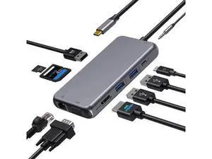 10 in 1 USB C Multiport Hub Adapter, USB C Dongle with 4K HDMI, VGA, Gigabit Ethernet, 100W PD Charging, 3×USB3.0, SD/TF Card Reader, 3.5mm Audio Mic Jack, Compatible with MacBook Pro/Air & All USB-C 10 in 1 USB C Multiport Hub Adapter, USB C Dongle with 4K HDMI, VGA, Gigabit Ethernet, 100W PD Charging, 3×USB3.0, SD/TF Card Reader, 3.5mm Audio Mic Jack, Compatible with MacBook Pro/Air & All USB-C