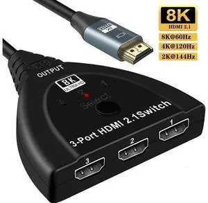 3 in 1 Out HDMI 2.1 8K Switch with Built-In Pigtail Cable, 3-Port HDMI Selector Hub Supports 8K@60Hz, HDR, 3D, HDCP2.3, Compatible with PS5/PS4/PS3, HDTV, Blu-Ray Player, Fire Stick, Model OZ8Q3-1 3 in 1 Out HDMI 2.1 8K Switch with Built-In Pigtail Cable, 3-Port HDMI Selector Hub Supports 8K@60Hz, HDR, 3D, HDCP2.3, Compatible with PS5/PS4/PS3, HDTV, Blu-Ray Player, Fire Stick, Model OZ8Q3-1
