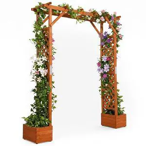 Wooden Garden Arbor with Planter, Wedding Arch for Ceremony, Wood Garden Arbour Trellis for Plant Climbing, Pergola for Garden Backyard, Lawn, Outdoor (Golden Brown) Wooden Garden Arbor with Planter, Wedding Arch for Ceremony, Wood Garden Arbour Trellis for Plant Climbing, Pergola for Garden Backyard, Lawn, Outdoor (Golden Brown)