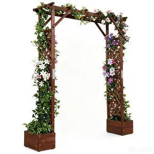 Wooden Garden Arbor with Planter, Wedding Arch for Ceremony, Wood Garden Arbour Trellis for Plant Climbing, Pergola for Garden Backyard, Lawn, Outdoor (Dark Brown) Wooden Garden Arbor with Planter, Wedding Arch for Ceremony, Wood Garden Arbour Trellis for Plant Climbing, Pergola for Garden Backyard, Lawn, Outdoor (Dark Brown)