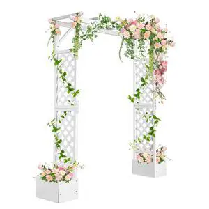 Wooden Garden Arbor with Planter, Wedding Arch for Ceremony, Wood Garden Arbour Trellis for Plant Climbing, Pergola for Garden Backyard, Lawn, Outdoor (White) Wooden Garden Arbor with Planter, Wedding Arch for Ceremony, Wood Garden Arbour Trellis for Plant Climbing, Pergola for Garden Backyard, Lawn, Outdoor (White)