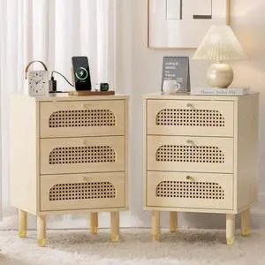 Rattan Nightstand with Charging Station, Rattan Nightstands Set of 2, 3 Drawer Night Stand for Bedroom, Wood Bed Side Table, Boho Endtable with Drawers, Oak Rattan Nightstand with Charging Station, Rattan Nightstands Set of 2, 3 Drawer Night Stand for Bedroom, Wood Bed Side Table, Boho Endtable with Drawers, Oak