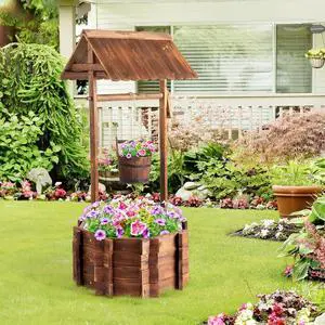 Wooden Wishing Well Outdoor Planters, Well Covers for Yard with 4 Reinforced Rods, Height Adjustable Hanging Bucket, Rustic Flower Pot Decor for Outside Patio Garden(Carbonized, 25" Width) Wooden Wishing Well Outdoor Planters, Well Covers for Yard with 4 Reinforced Rods, Height Adjustable Hanging Bucket, Rustic Flower Pot Decor for Outside Patio Garden(Carbonized, 25" Width)