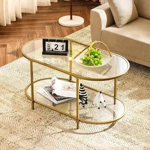38" Oval Coffee Table, Transparent Glass Coffee Tables for Living, Modern Coffe Table with 2-Tier Storage, Tea Table for Small Space, Office, Balcony, Matte Gold 38" Oval Coffee Table, Transparent Glass Coffee Tables for Living, Modern Coffe Table with 2-Tier Storage, Tea Table for Small Space, Office, Balcony, Matte Gold