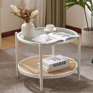 25.6" Coffee Table for Living Room, Round Water-Wave Glass Metal Center Table, Modern Rattan Coffee Table with 2-Tier Storage, Farmhouse Circular End Table for Small Space, White 25.6" Coffee Table for Living Room, Round Water-Wave Glass Metal Center Table, Modern Rattan Coffee Table with 2-Tier Storage, Farmhouse Circular End Table for Small Space, White