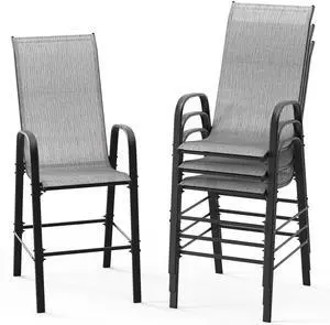Set of 4 Stackable Outdoor Bar Stools Sling Chairs with High Back & Armrests, for Lawn, Garden, Bar, Grey Set of 4 Stackable Outdoor Bar Stools Sling Chairs with High Back & Armrests, for Lawn, Garden, Bar, Grey