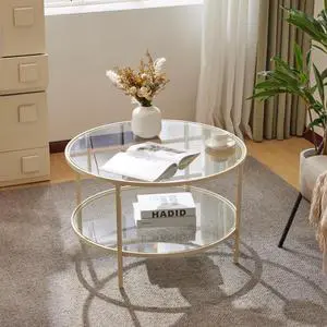 Glass Coffee Table, 30" Round Coffee Table, Transparent Glass Coffee Tables for Living Room, 2-Tier Coffee Table with Storage, Modern Center Table with a Beige Frame, Mesa de Centro para Sala Glass Coffee Table, 30" Round Coffee Table, Transparent Glass Coffee Tables for Living Room, 2-Tier Coffee Table with Storage, Modern Center Table with a Beige Frame, Mesa de Centro para Sala