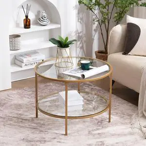 25.6" Round Gold Coffee Tables for Living Room, 2-Tier Glass Top Coffee Table with Storage Clear Coffee, Simple & Modern Center Table for Small Space 25.6" Round Gold Coffee Tables for Living Room, 2-Tier Glass Top Coffee Table with Storage Clear Coffee, Simple & Modern Center Table for Small Space