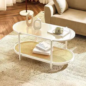 38" Rattan Oval Coffee Table, Glass Metal Center Table, Modern Coffee Tables with 2-Tier Storage, Farmhouse Coffe Table for Living Room and Small Space, White 38" Rattan Oval Coffee Table, Glass Metal Center Table, Modern Coffee Tables with 2-Tier Storage, Farmhouse Coffe Table for Living Room and Small Space, White