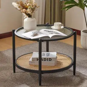 25.6" Black Rattan Modern Coffee Table with 2-Tier Storage, Round Water-Wave Glass Metal Center Table for Living Room and Small Space 25.6" Black Rattan Modern Coffee Table with 2-Tier Storage, Round Water-Wave Glass Metal Center Table for Living Room and Small Space