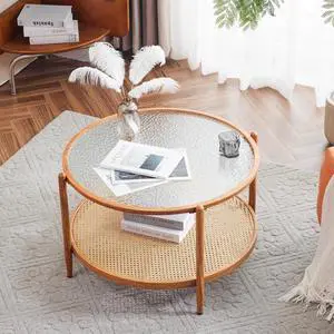 30" Rattan Coffee Table, Round Water-Wave Glass Metal Center Table, Modern Coffee Table with 2-Tier Storage, Farmhouse Circular Coffee Tables for Living Room and Small Space, Natural Vibe 30" Rattan Coffee Table, Round Water-Wave Glass Metal Center Table, Modern Coffee Table with 2-Tier Storage, Farmhouse Circular Coffee Tables for Living Room and Small Space, Natural Vibe