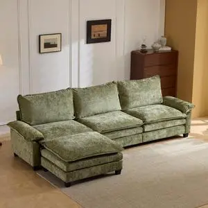 122" Cloud Double-Layer Deep Convertible Sectional Sofa, Comfy L-Shape 3-Seat Couches for Living Room, Modern Couch with Movable Ottoman for Small Space, Olive Green, Chenille 122" Cloud Double-Layer Deep Convertible Sectional Sofa, Comfy L-Shape 3-Seat Couches for Living Room, Modern Couch with Movable Ottoman for Small Space, Olive Green, Chenille