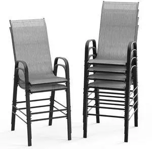 Set of 6 Stackable Outdoor Bar Stools Sling Chairs with High Back & Armrests, for Lawn, Garden, Bar, Grey Set of 6 Stackable Outdoor Bar Stools Sling Chairs with High Back & Armrests, for Lawn, Garden, Bar, Grey