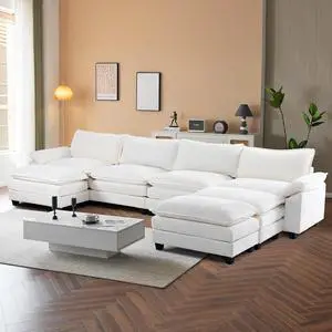 157" Cloud White/Cream Convertible Sectional Sofa, Comfy U-Shape Extra Deep Seat Sofa Couch for Living Room,Modern Chenille 4-Seat Convertible Sofa with 3 Movable Ottomans for Small Space 157" Cloud White/Cream Convertible Sectional Sofa, Comfy U-Shape Extra Deep Seat Sofa Couch for Living Room,Modern Chenille 4-Seat Convertible Sofa with 3 Movable Ottomans for Small Space